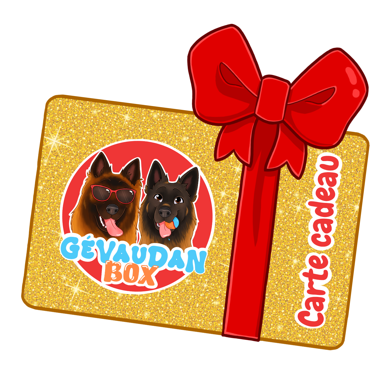 Carte cadeau Gévaudan Box avec un design doré et un ruban rouge.