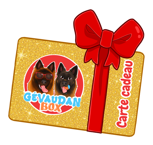 Carte cadeau Gévaudan Box avec un design doré et un ruban rouge.